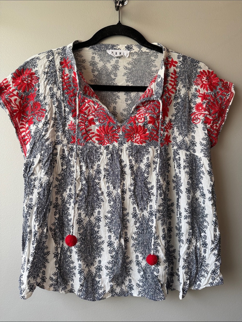 THML White Tunic with Navy Print and Red Embroidery